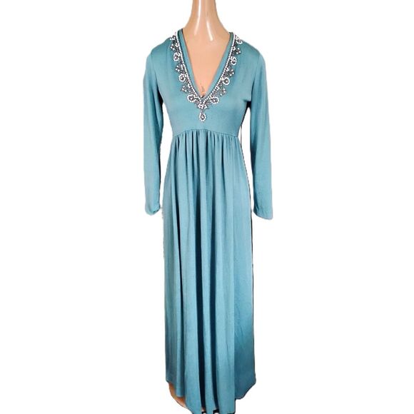 Vintage 1970s Union Made Maxi Dress, Beaded Neckline, Size Small - Picture 1 of 5